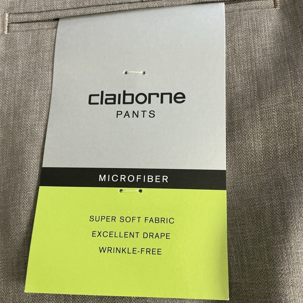 Claiborne‎ Pants Mens 38x30 Beige Khaki Polyester-Herringbone Pleated Cuffed NWT - Picture 2 of 9